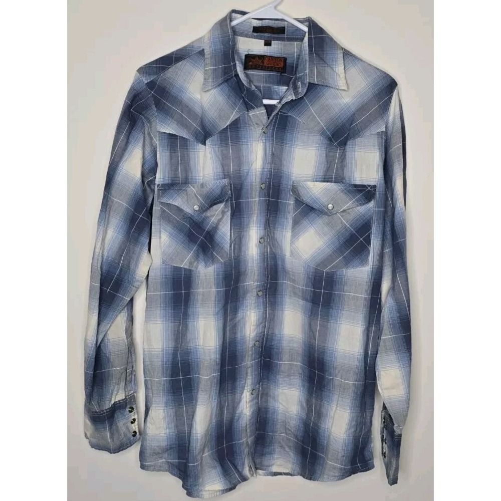 Canyon Guide Shirt Mens M Blue White Plaid Western Pearl Snap Chest‎ Pockets